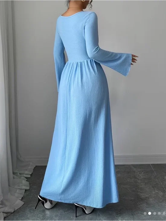 Elegant Light Blue Long Sleeve Maxi Dress - Square Neck - Picture 3 of 3